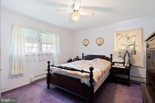 bedroom featuring carpet flooring, ceiling fan, a baseboard heating unit, and baseboards