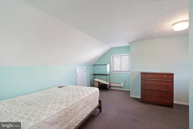 bedroom featuring baseboards, carpet floors, and vaulted ceiling