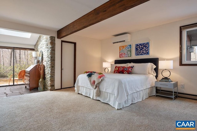 carpeted bedroom with a wall mounted air conditioner, beam ceiling, a skylight, and access to exterior