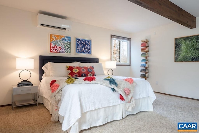 bedroom featuring an AC wall unit, carpet flooring, baseboards, and beam ceiling