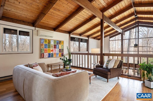 living room with wooden ceiling, lofted ceiling with beams, a wall mounted AC, and hardwood / wood-style floors