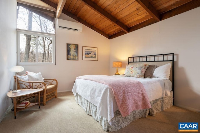 bedroom with wood ceiling, vaulted ceiling with beams, a wall mounted AC, and carpet floors