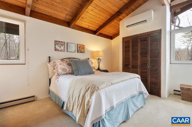 carpeted bedroom with a baseboard heating unit, wood ceiling, lofted ceiling with beams, a wall mounted air conditioner, and a closet