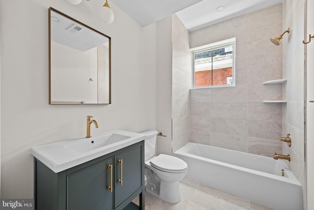 bathroom with visible vents, toilet, shower / tub combination, tile patterned floors, and vanity