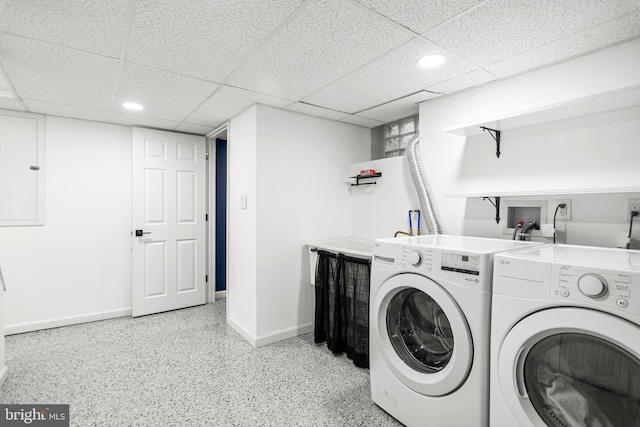 laundry area with electric panel, recessed lighting, baseboards, and separate washer and dryer