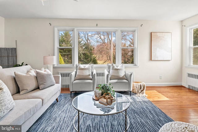 living area featuring baseboards, wood finished floors, and radiator heating unit