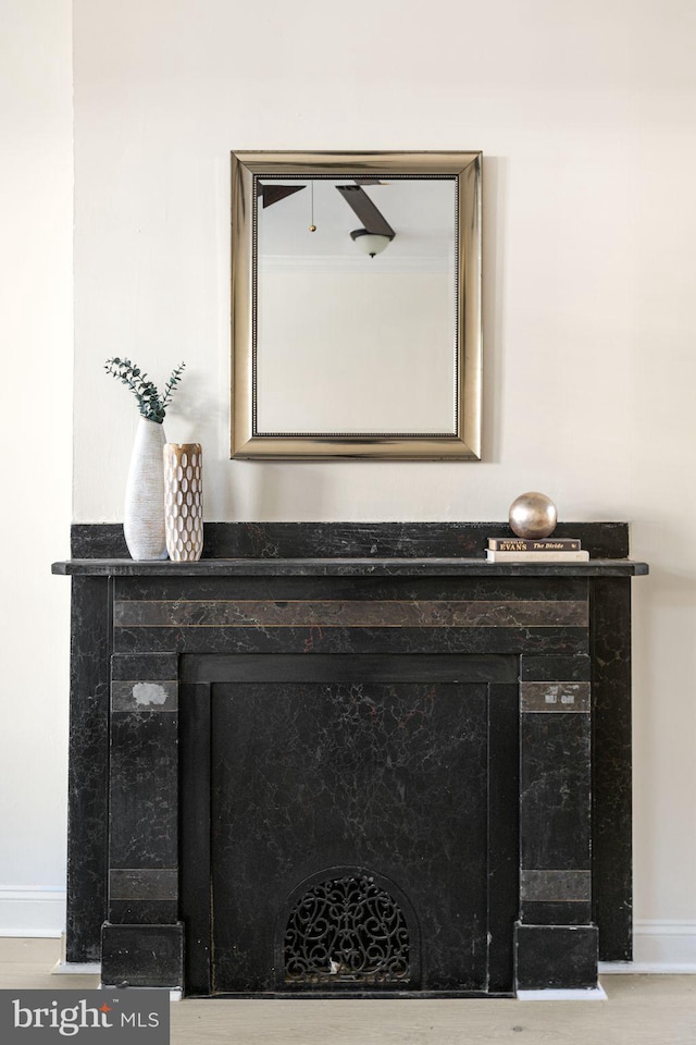 interior details with a fireplace and baseboards