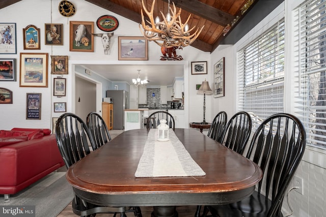 dining area with lofted ceiling with beams, a notable chandelier, and wooden ceiling