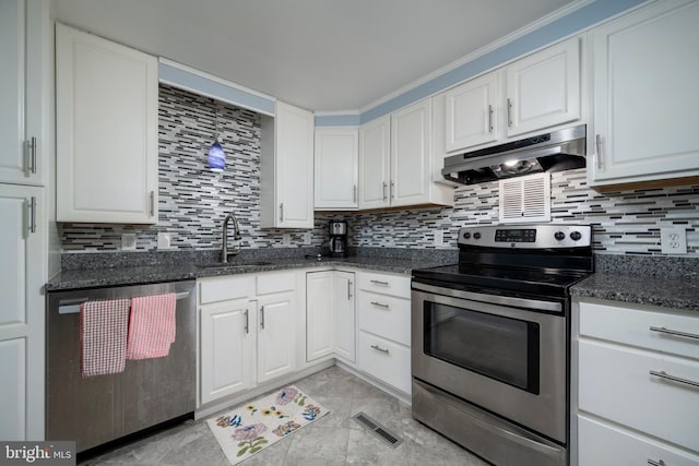 kitchen with under cabinet range hood, tasteful backsplash, appliances with stainless steel finishes, and a sink