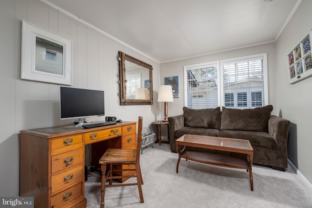 interior space with baseboards, light carpet, and crown molding