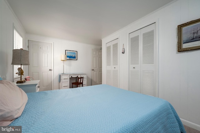 bedroom with crown molding and multiple closets