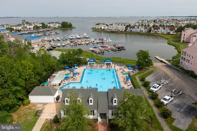 drone / aerial view featuring a water view