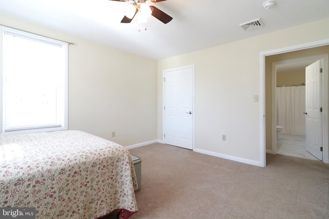 bedroom featuring visible vents, ceiling fan, baseboards, and carpet