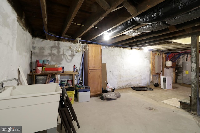 unfinished below grade area featuring a sink, visible vents, electric water heater, and electric panel