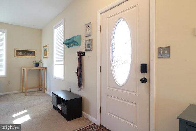 carpeted entryway featuring baseboards and a healthy amount of sunlight