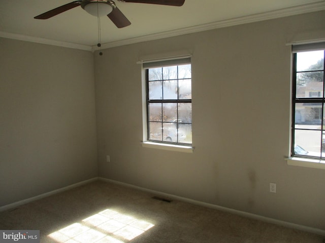 carpeted spare room featuring visible vents, a ceiling fan, crown molding, and baseboards