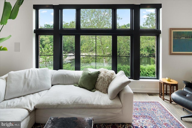 living room featuring wood finished floors and baseboards