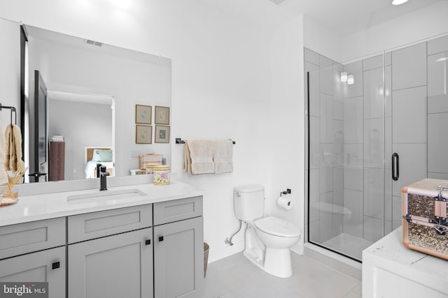 ensuite bathroom with visible vents, a shower stall, toilet, ensuite bathroom, and vanity