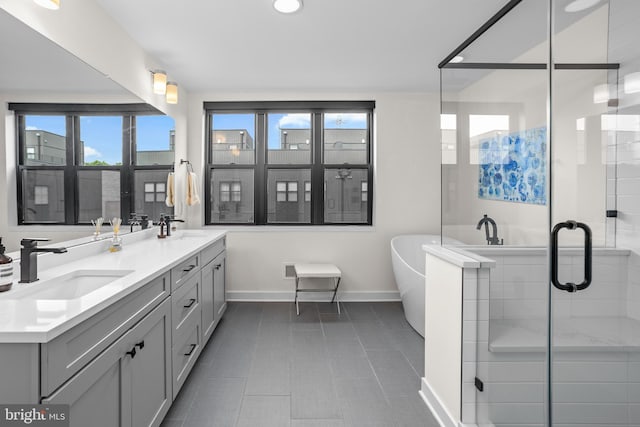 full bathroom featuring baseboards, a freestanding bath, double vanity, a stall shower, and a sink