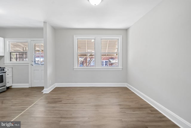 unfurnished dining area with baseboards and wood finished floors