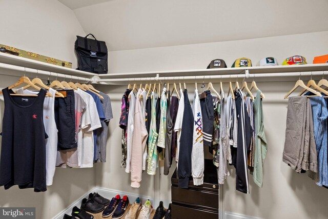 walk in closet featuring vaulted ceiling