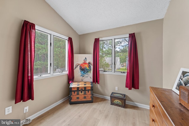 interior space with a textured ceiling, a healthy amount of sunlight, wood finished floors, and vaulted ceiling