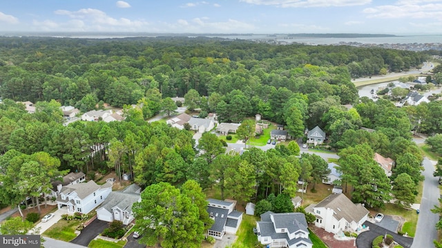 birds eye view of property with a residential view and a wooded view