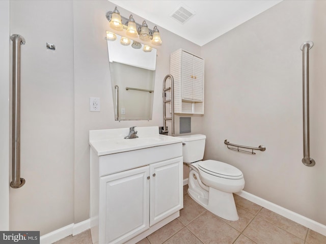 bathroom with tile patterned floors, visible vents, toilet, baseboards, and vanity