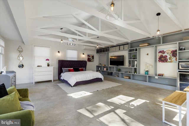 bedroom featuring a wall mounted air conditioner, beam ceiling, high vaulted ceiling, wine cooler, and concrete floors