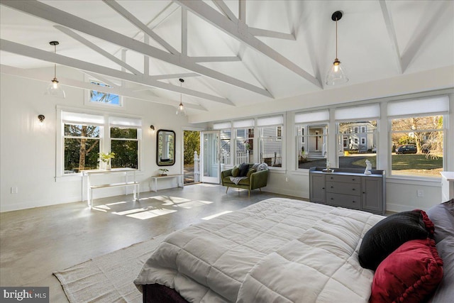 bedroom with access to outside, beamed ceiling, finished concrete flooring, and high vaulted ceiling