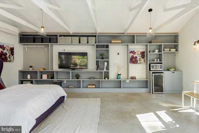 bedroom with beverage cooler, concrete floors, vaulted ceiling with beams, and a wall mounted AC