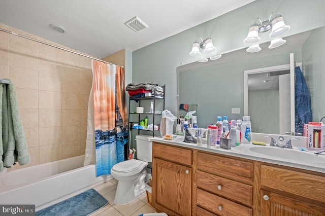 bathroom featuring tile patterned floors, visible vents, shower / bathtub combination with curtain, toilet, and vanity