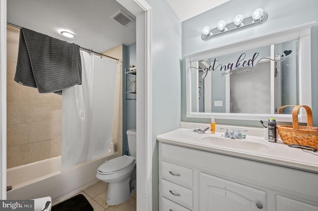 full bath with visible vents, toilet, tile patterned floors, shower / bath combination with curtain, and vanity