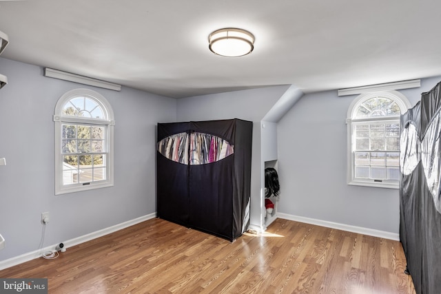 interior space with multiple windows, light wood-type flooring, and baseboards