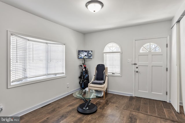 entrance foyer with visible vents, baseboards, and wood finished floors