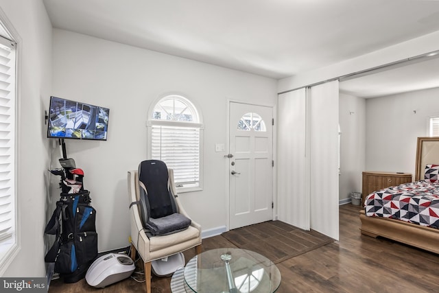 entrance foyer with a barn door, baseboards, and dark wood-type flooring