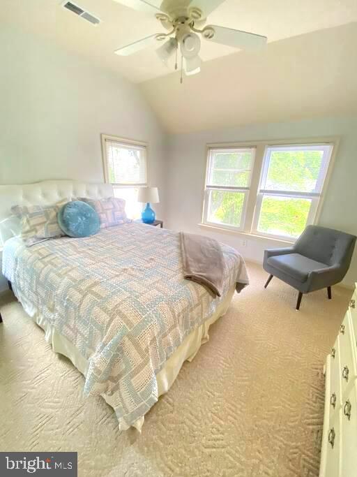 bedroom featuring visible vents, carpet floors, multiple windows, and vaulted ceiling