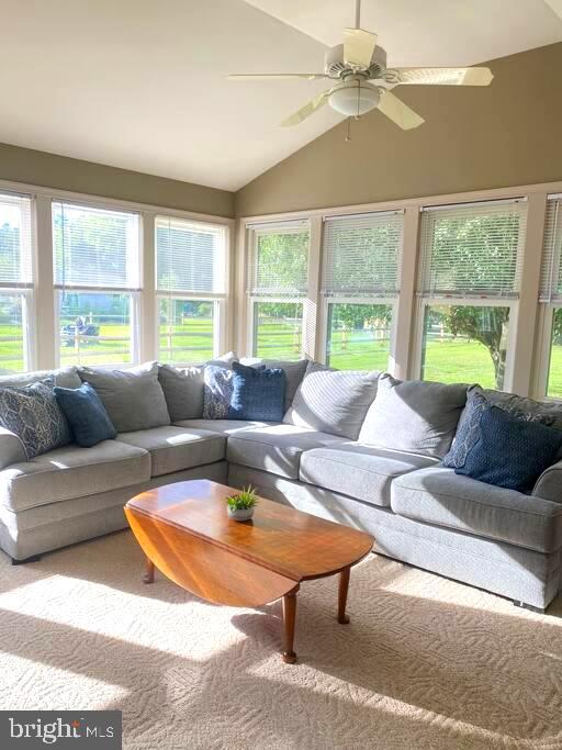 living room with lofted ceiling and a ceiling fan