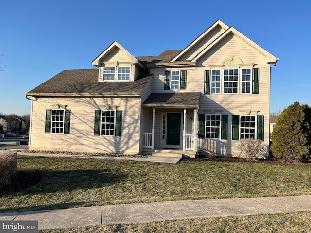 view of front of property featuring a front yard and roof with shingles