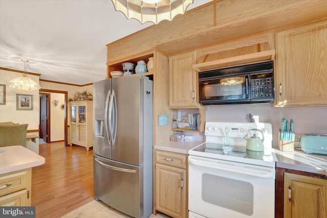 kitchen featuring stainless steel fridge with ice dispenser, light brown cabinets, black microwave, and white range with electric cooktop