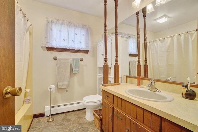 full bathroom with toilet, vanity, baseboards, and a baseboard radiator