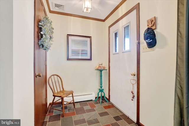 entryway with visible vents, crown molding, baseboards, and a baseboard radiator