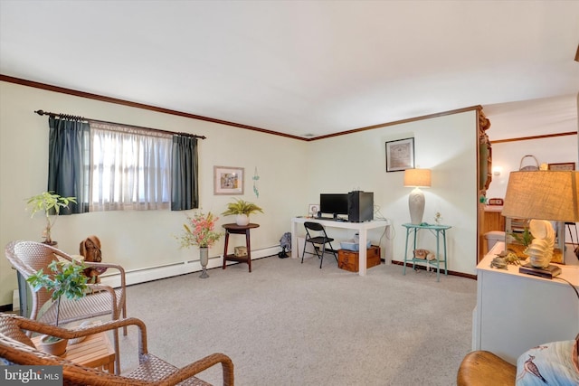 carpeted office featuring baseboards and crown molding