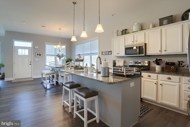 kitchen with plenty of natural light, stainless steel appliances, and dark wood-type flooring