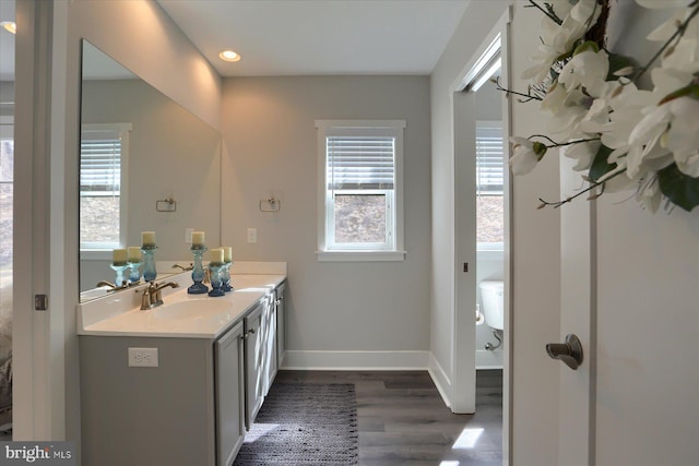 bathroom featuring recessed lighting, baseboards, wood finished floors, and vanity