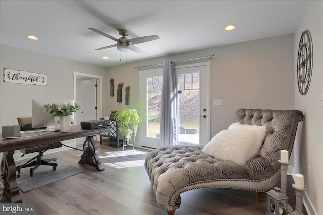 home office with recessed lighting, baseboards, wood finished floors, and a ceiling fan