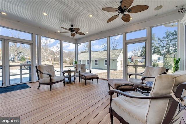 sunroom / solarium featuring a wealth of natural light and wooden ceiling