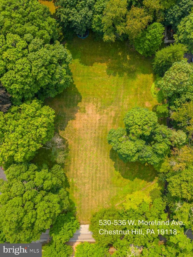 drone / aerial view featuring a view of trees