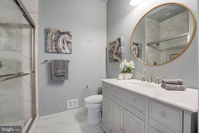 full bath featuring visible vents, marble finish floor, a stall shower, and vanity