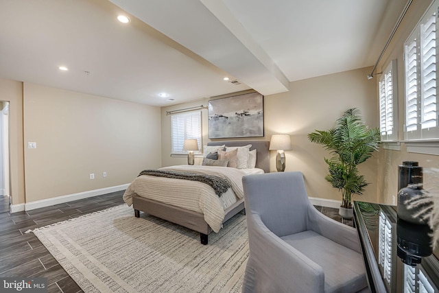 bedroom with recessed lighting, baseboards, and wood finish floors